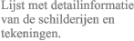 Lijst met detailinformatie van de schilderijen en tekeningen.